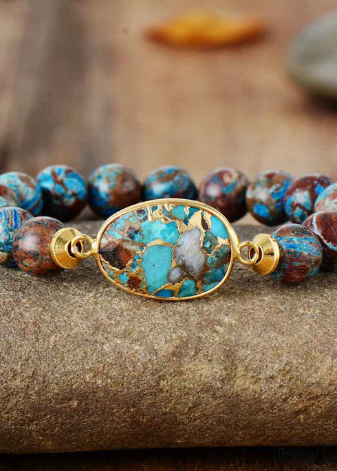 Boho Bracelet, Stretchy Bracelet, Brown Blue 10mm Bronzite Stone Tibetan